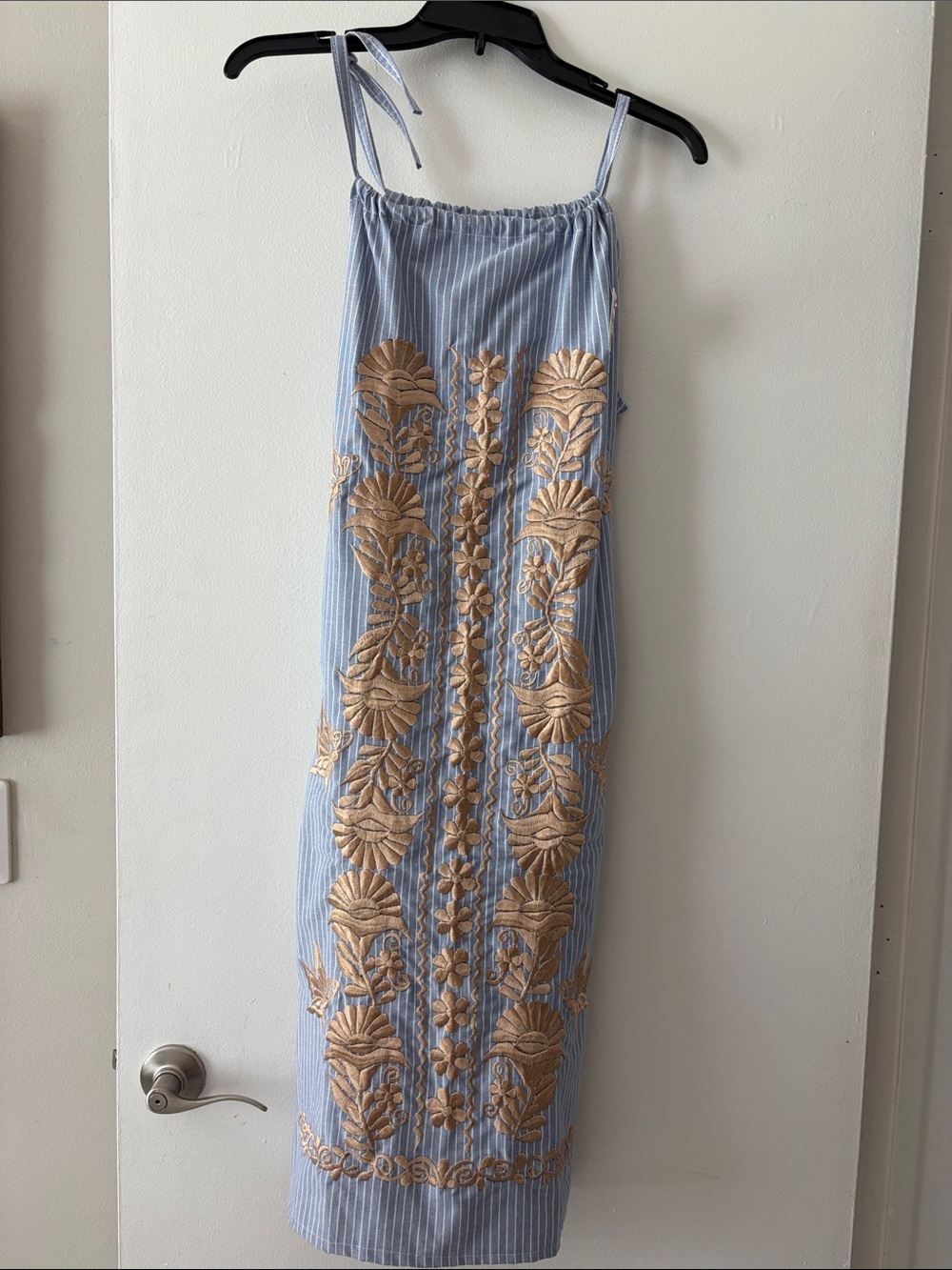 meraki Blue and Tan Embroidered Midi Skirt